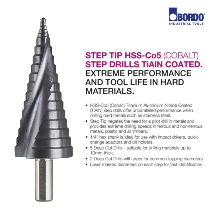 Step Tip Drill 4-32mm Co5 TiAlN 3-Flat Round Shank