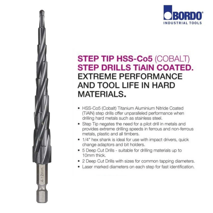 Deep Cut Step Tip Step Drill, Cobalt TiAIN Coated