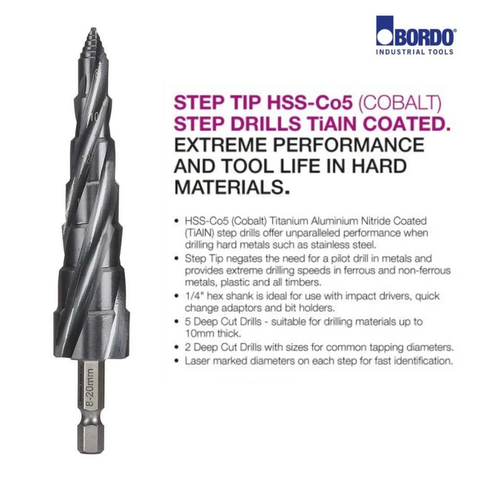 Deep Cut Step Tip Step Drill, Cobalt TiAIN Coated