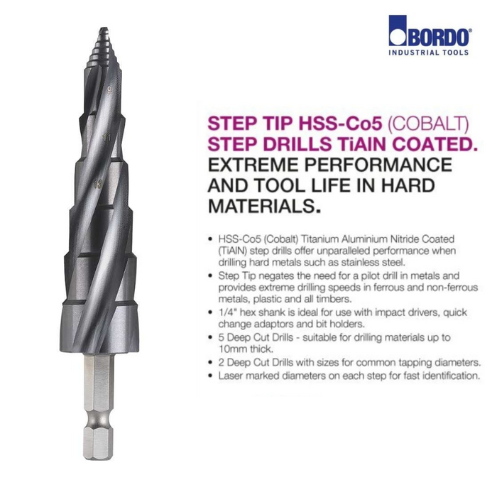 Deep Cut Step Tip Step Drill, Cobalt TiAIN Coated