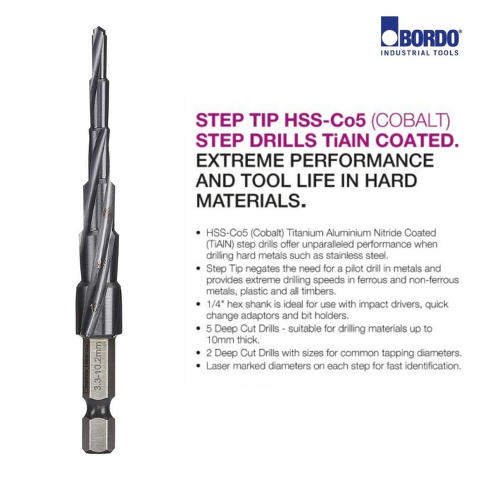 Deep Cut Step Tip Step Drill, Cobalt TiAIN Coated