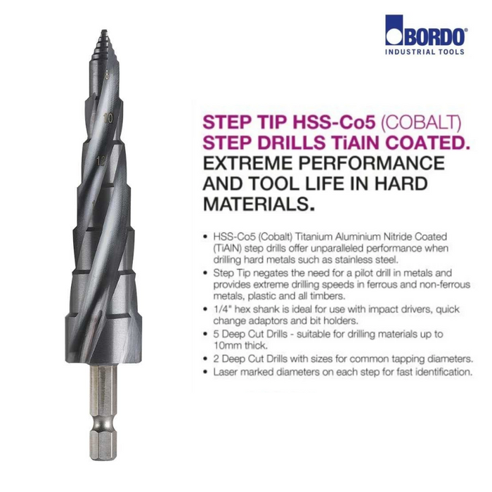 Deep Cut Step Tip Step Drill, Cobalt TiAIN Coated