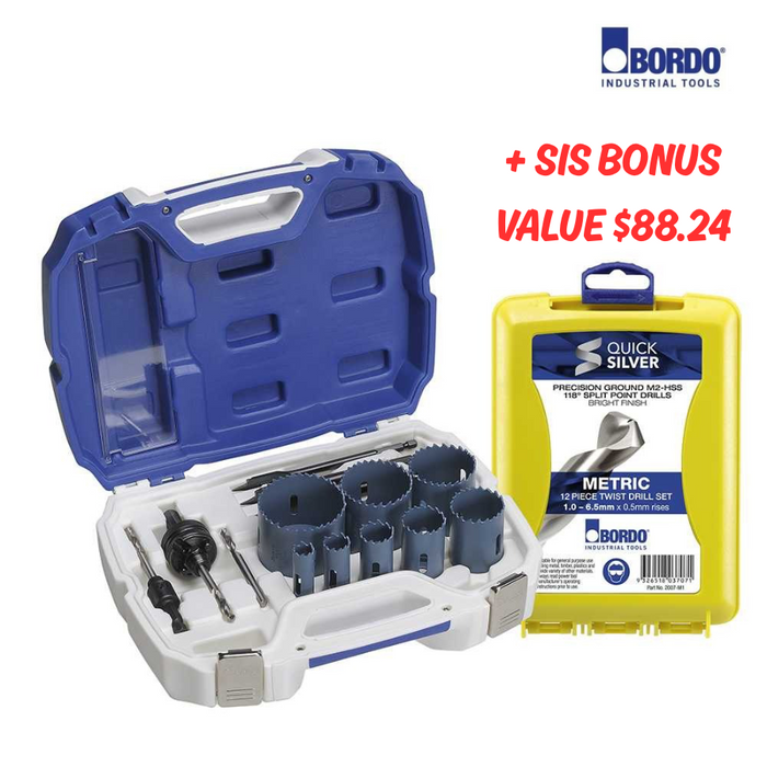 16-64mm 14 Pce Electrician's Master Hole Saw Kit with Bonus 12 Pc Jobber Drill Set