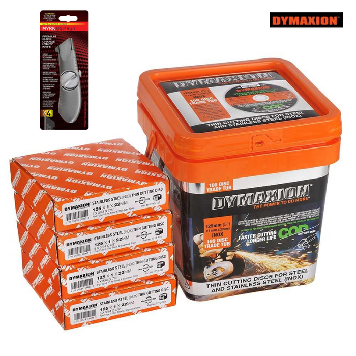 125mm x 1mm x 22mm Stainless Steel (INOX) Thin Cutting Disc - 100 Piece Trade Tub BONUS knife