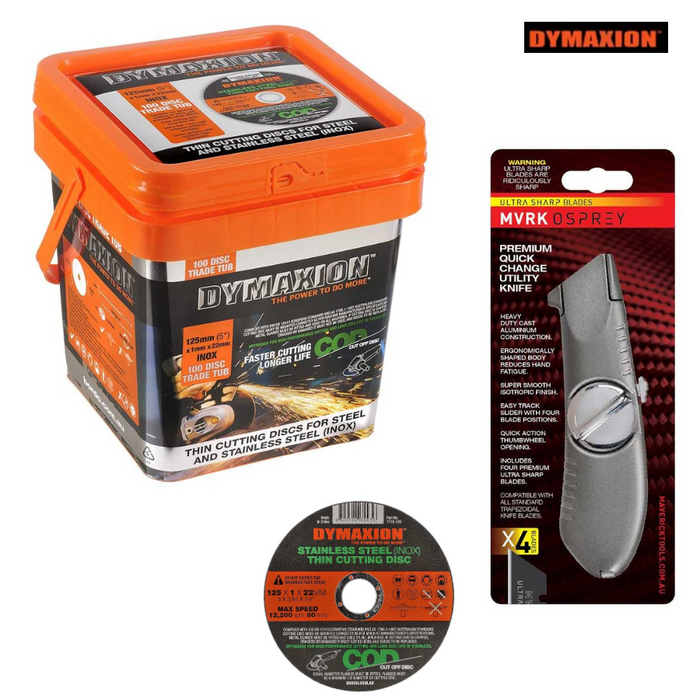 125mm x 1mm x 22mm Stainless Steel (INOX) Thin Cutting Disc - 100 Piece Trade Tub BONUS knife