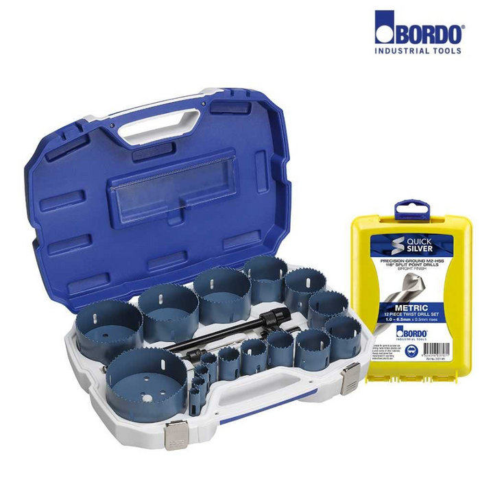 16-114mm 19 Pce Industrial Hole Saw Kit with Bonus 12 Pc Jobber Drill Set