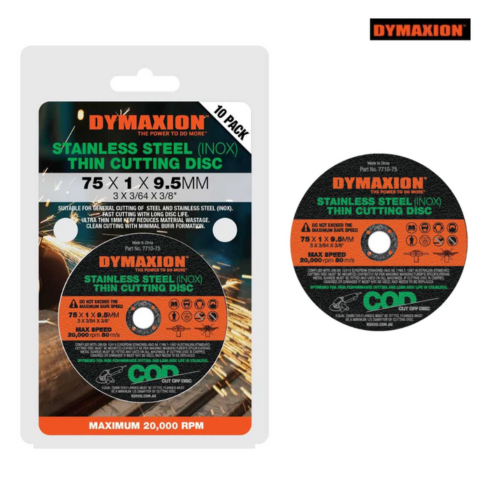 75mm x 1mm x 9.5mm Bore Stainless Steel (INOX) Thin Cutting Disc - 10pce