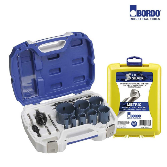 16-64mm 14 Pce Electrician's Master Hole Saw Kit with Bonus 12 Pc Jobber Drill Set