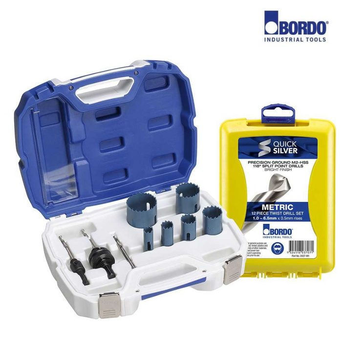 16-50mm 9 Pce Sparky's Hole Saw Kit with Bonus 12 Pc Jobber Drill Set