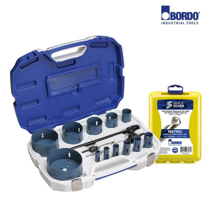 16-114mm 16 Pce Plumber's Pipe Hole Saw Kit with Bonus 12 Pc Jobber Drill Set