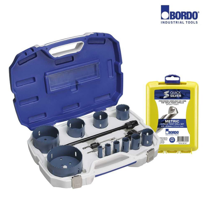 16-114mm 15 Pce Chippy's Master Hole Saw Kit with Bonus 12 Pc Jobber Drill Set